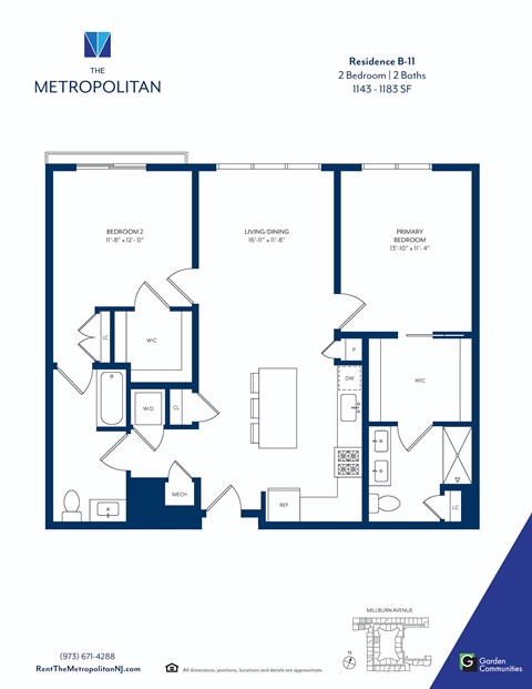 Floor plan for 2 beds, 2 baths, 1182 sqft